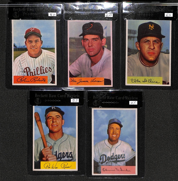 Lot of 5 - 1954 Bowman Robin Roberts #95, Don Larsen #101 RC, Ebba St. Claire #128, PeeWee Reese #58, Duke Snider #170 - BVG 6.0, 5.5, 4.5